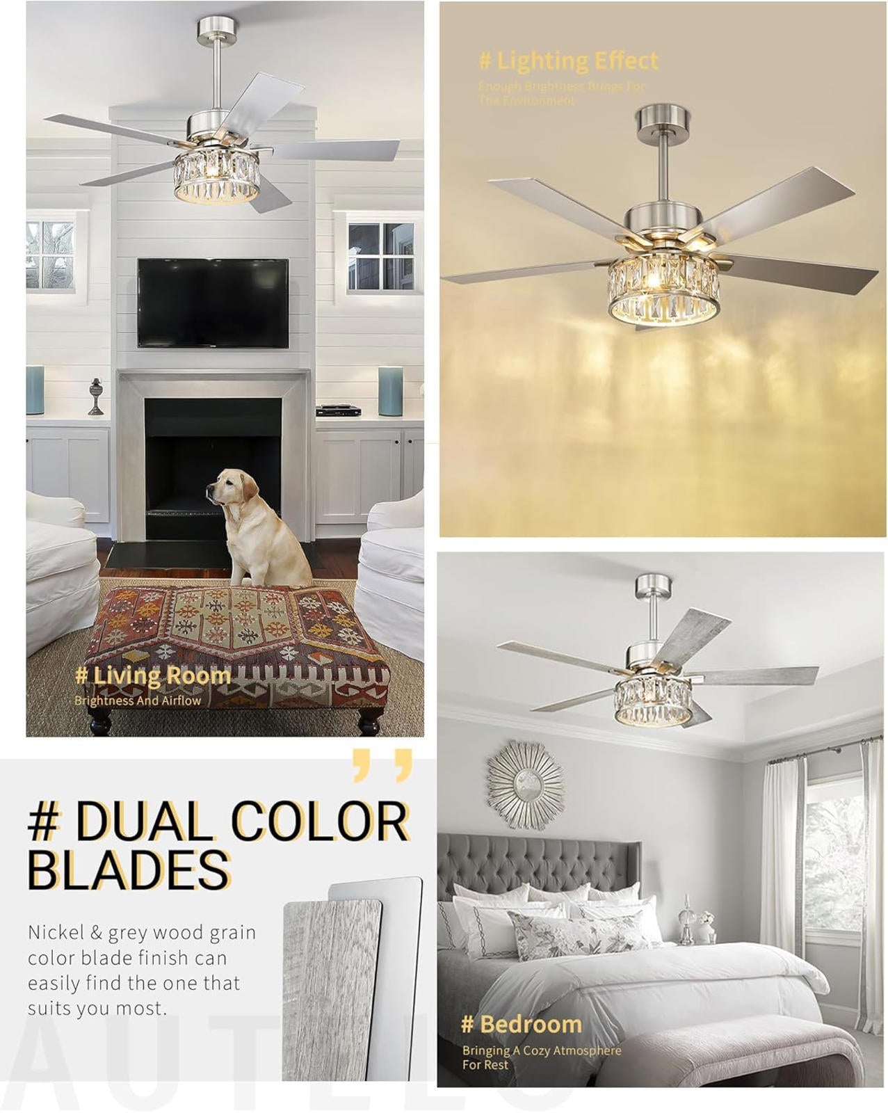 Modern 52" Ceiling Fan with Lights and Remote, Crystal Finish, 5 Blades
