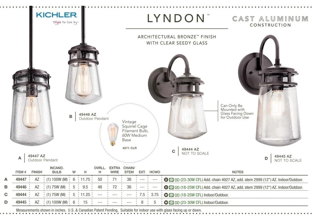 Kichler 49444 Lyndon 1 Light 11" Tall Outdoor Wall Sconce - Bronze(WH202)