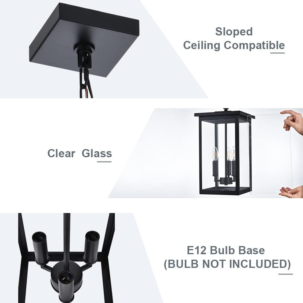Black Outdoor Pendant Lanern, E12 Candle Chandelier 3-Lights Large Exterior H...
