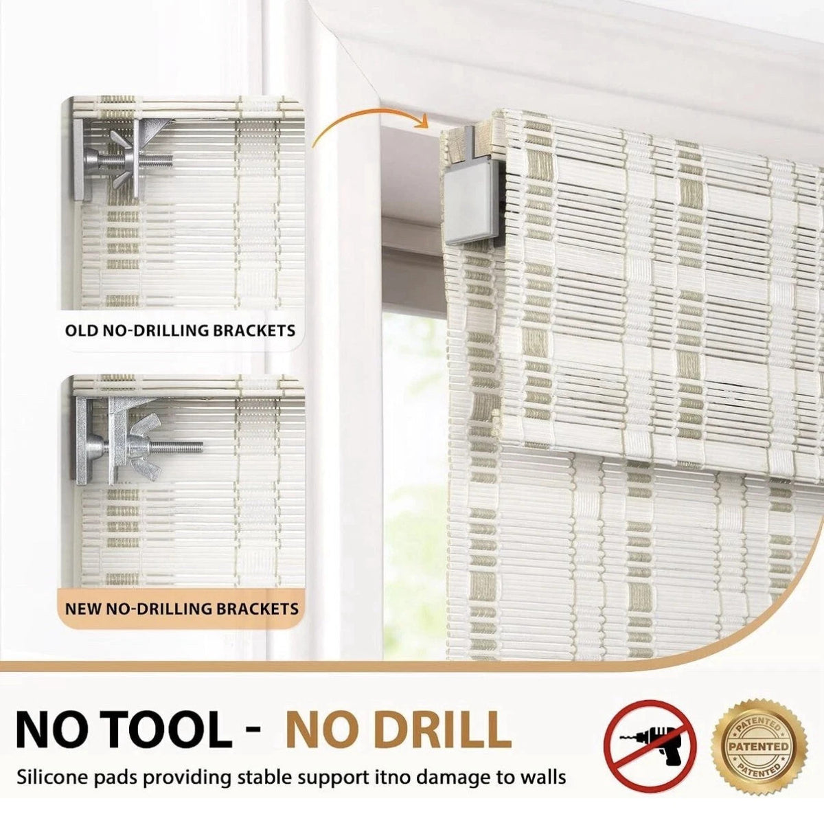 LazBlinds No Tools No Drill Cordless Bamboo Roman Shades White Wash 38”W 64”H