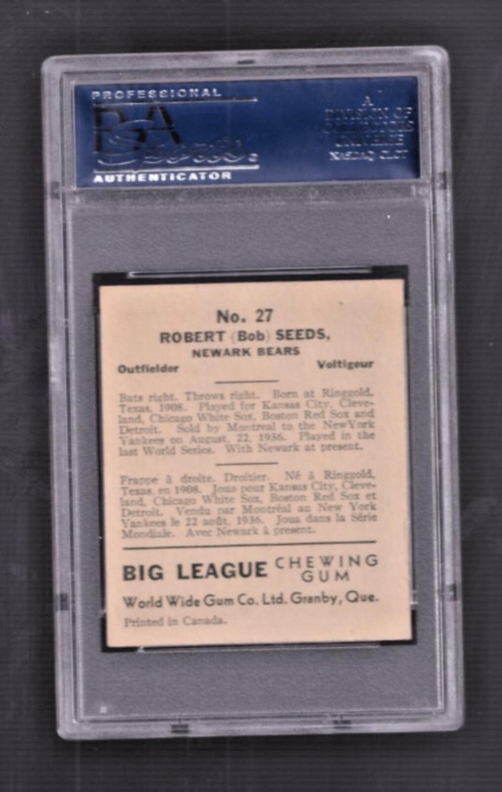 1936 World Wide Gum #27 Bob Seeds Baseball Card PSA 4 VG-EX