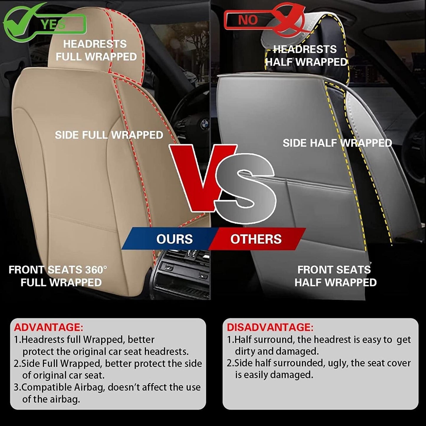 For Cadillac XT5 2017-2024 Car Front 2-Seat Cover Cushion Pad Faux Leather Beige