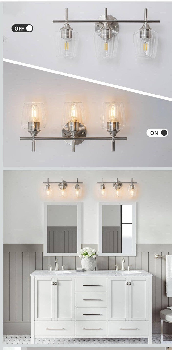 ADSENSTY 3-Light Nickel Vanity Light with Clear Glass Bathroom Wall Sconce