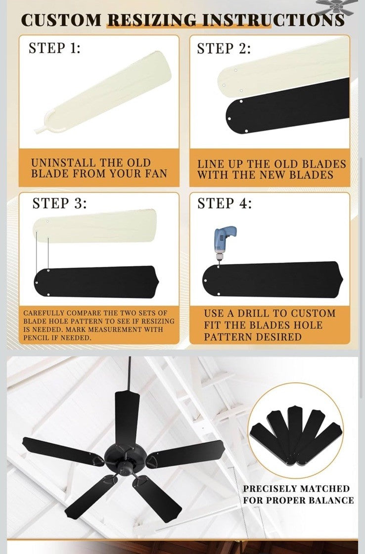 20” Ceiling Blades Fan Blades Replacement - Black, 52 inch (5-Pack)