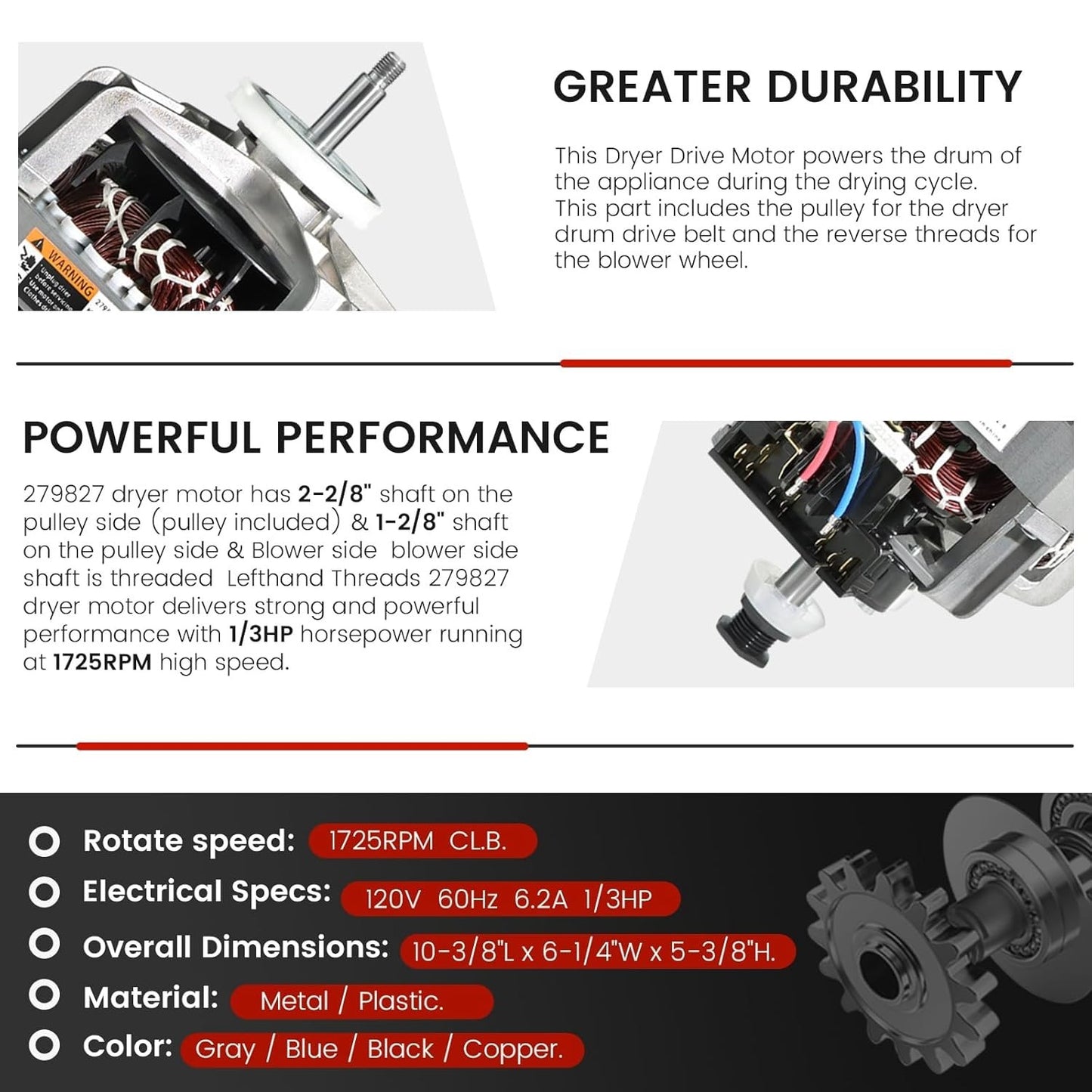 0EM 279827 Dryer Drive Motor with Pulley (Upgraded Blower Shaft Length)
