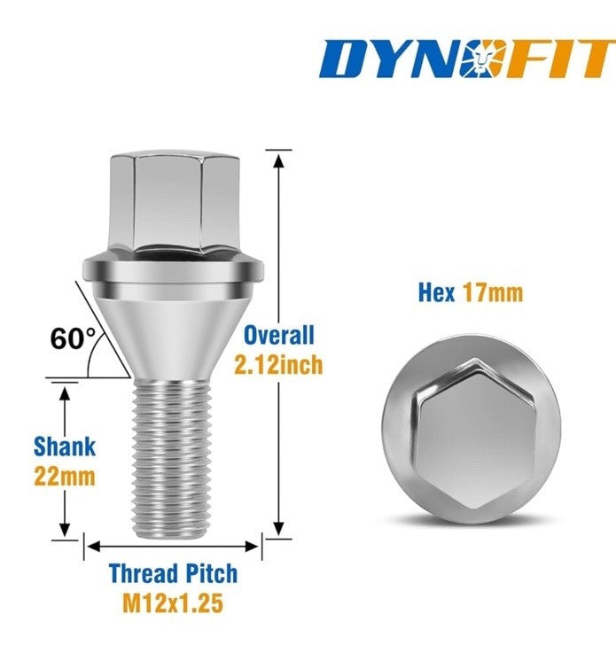 dynofit 12x1.25 Stock Wheel Lug Bolts, 20pcs ET 28mm Shank 19mm Hex 2.45 ...