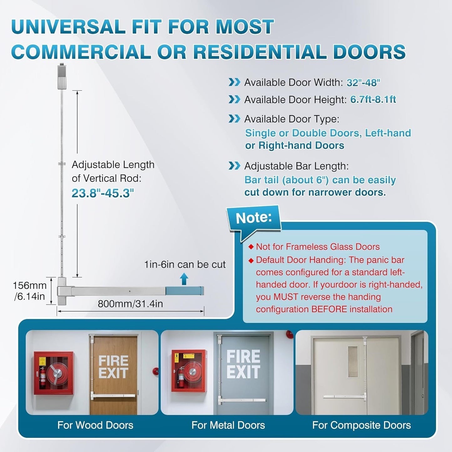 IRONWALLS Panic Bar Vertical Rod 32" Emergency Door Push Exit Device 32"-48”