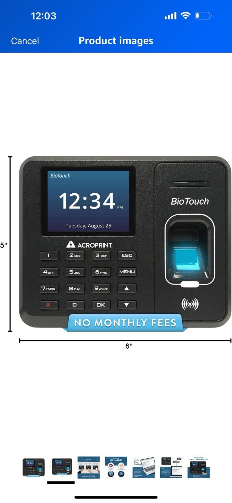 ACROPRINT BIOTOUCH AUTOMATIC BIOMETRIC FINGERPRINT/PROXIMITY TIME CLOCK - BLACK