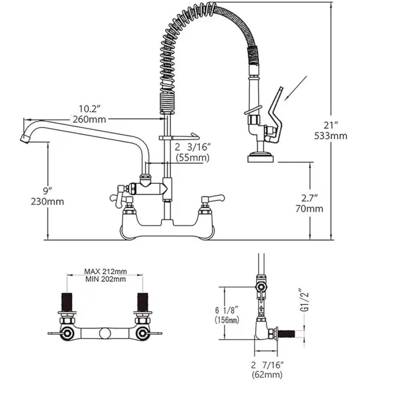 Commercial Faucet with Sprayer 8 Inch Center Wall Mount Commercial Sink Faucet,