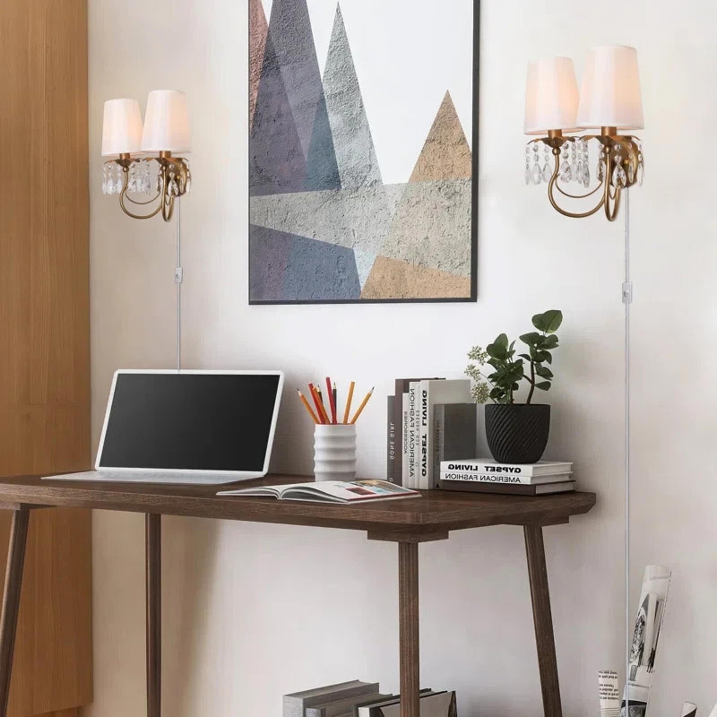 Vintage Wall Sconces with Fabric Lampshape& Crystal Hallway 2-Lights Wall Lamp