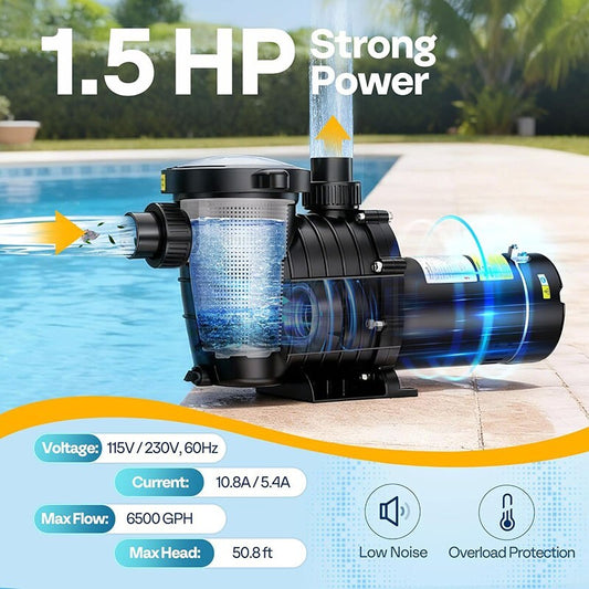 1.5HP Pool Pump 6500GPH Self Priming 115V/230V In/Above Inground Swimming Pool