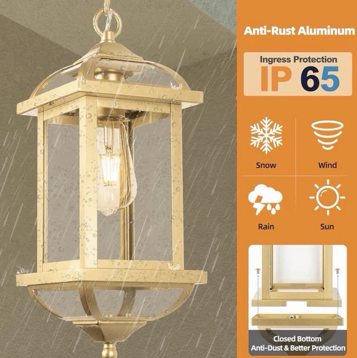 Gold Outdoor Pendant Light for Porch Fully Enclosed, 16 Inch Large Exterior H...