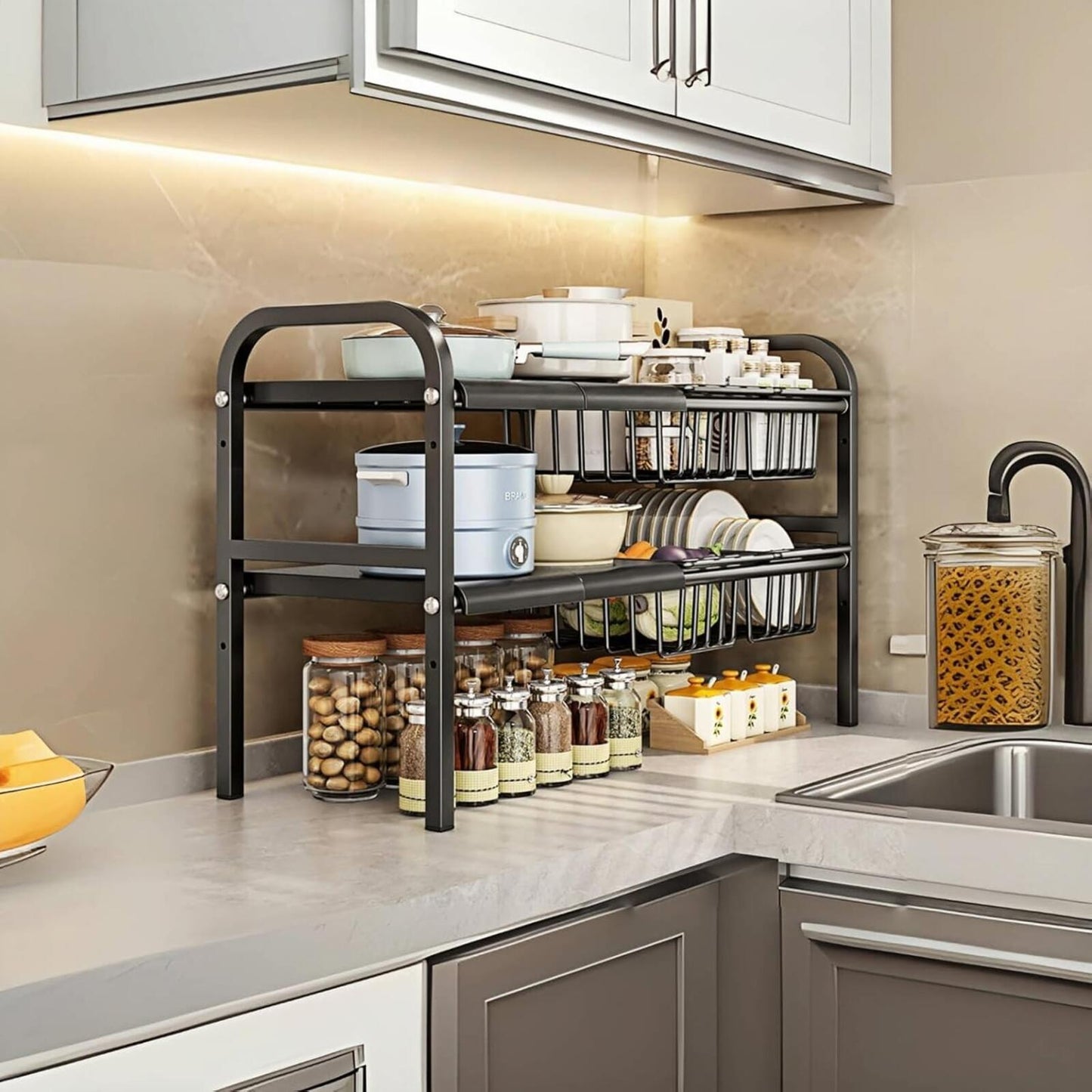 Under Sink Organizer,2 Tier Expandable Heavy Duty Metal Shelf