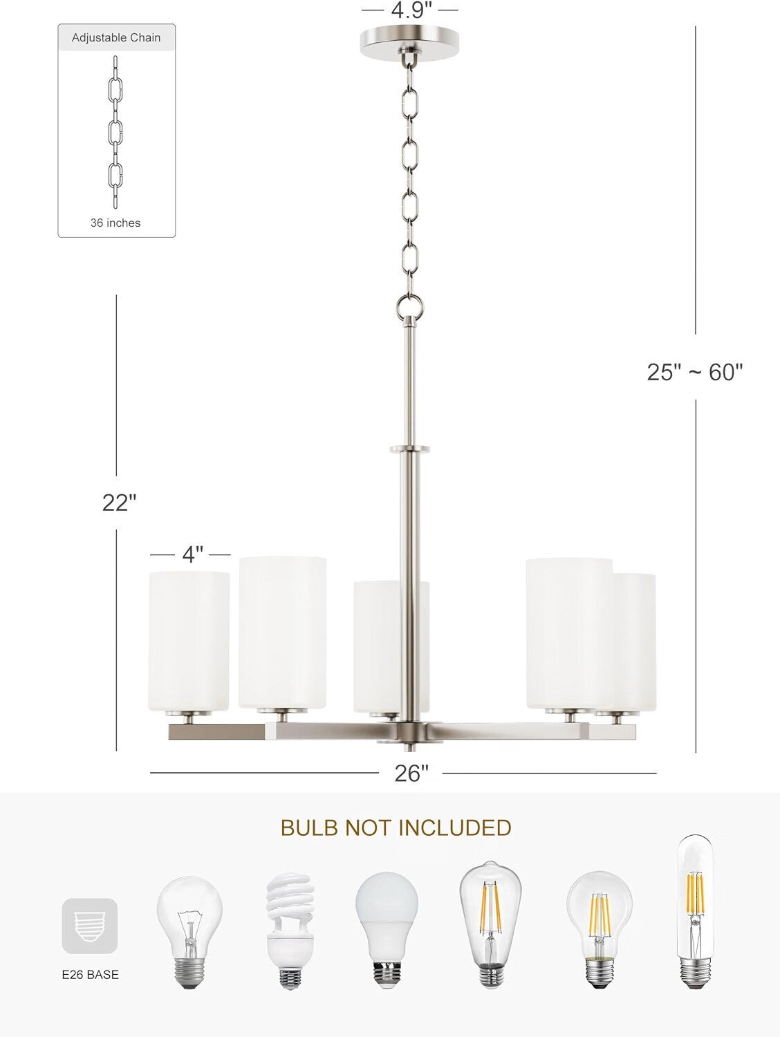 5 Light Chandelier Adjustable Hanging Pendant Light with Glass in Brushed Nickel