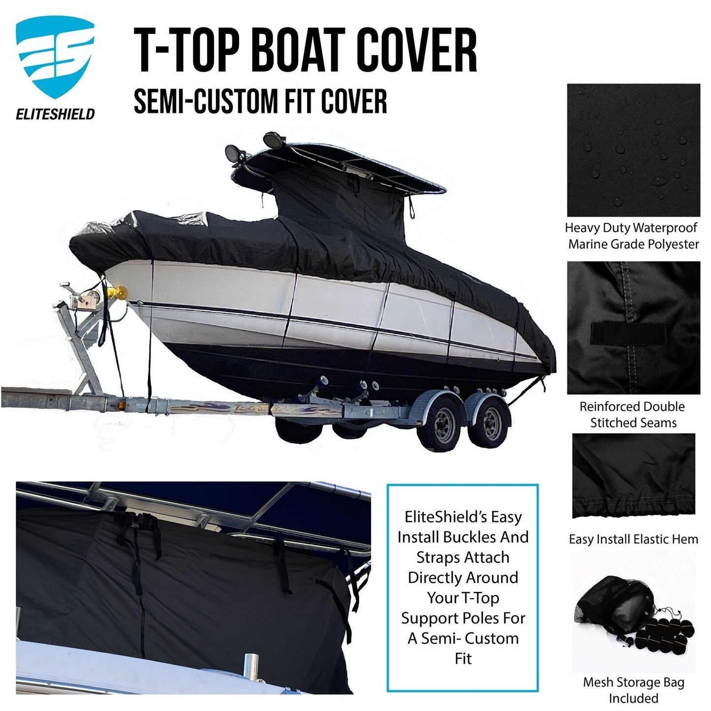 EliteShield Heavy Duty T-Top Boat Cover - Fits 30ft to 32ft Long Center Console
