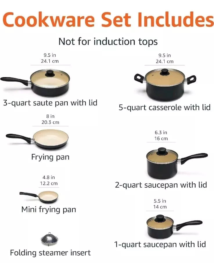 Amazon Basics Ceramic Nonstick Pots and Pans 11 Piece Cookware Set, Black/Cream