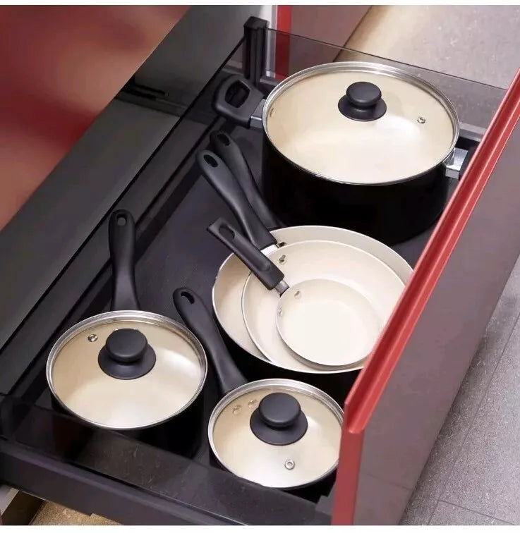 Amazon Basics Ceramic Nonstick Pots and Pans 11 Piece Cookware Set, Black/Cream