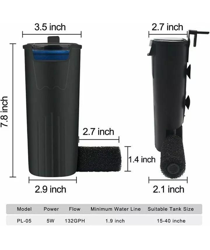 Aquarium Internal Filter 3 to 20 Gallons for Turtle Tanks Reptiles Amp