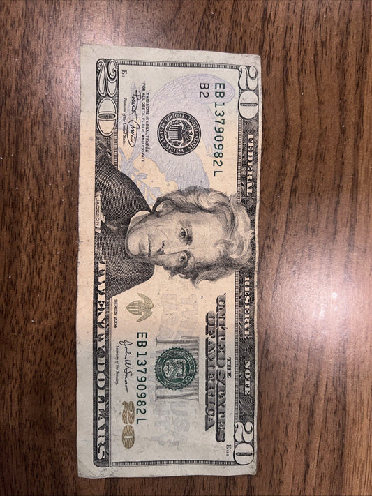 $20 Dollar Bill 2004 Off Center Miss Cut EB13790982L