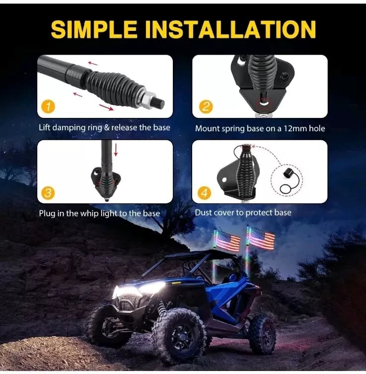 2PCS 6FT UTV SxS Whip Lights spiral RGB lights