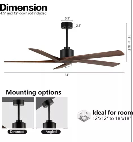 54 Inch Black Ceiling Fan No Light with Remote, Reversible Wood Blades, Noise...