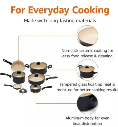 Amazon Basics Ceramic Nonstick Pots and Pans 11 Piece Cookware Set, Black/Cream