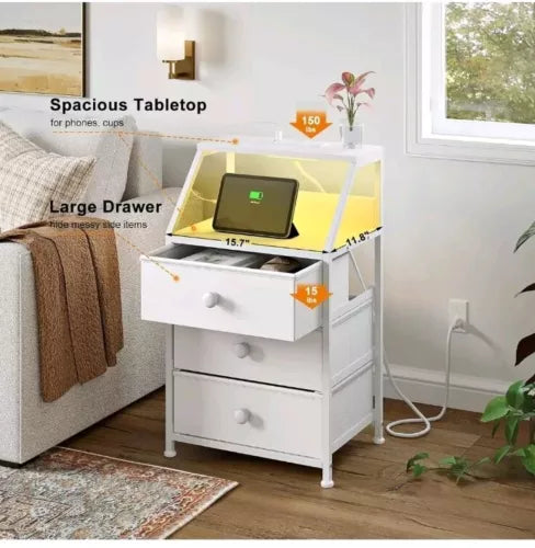 REAHOME 3 Drawer Nightstand End Table Unit with Charging Station,Taupe(Open Box)