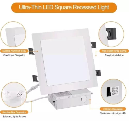 11 Inch Square Recessed Light: 3 Color Temperature & Dimmable 2200 Lumens