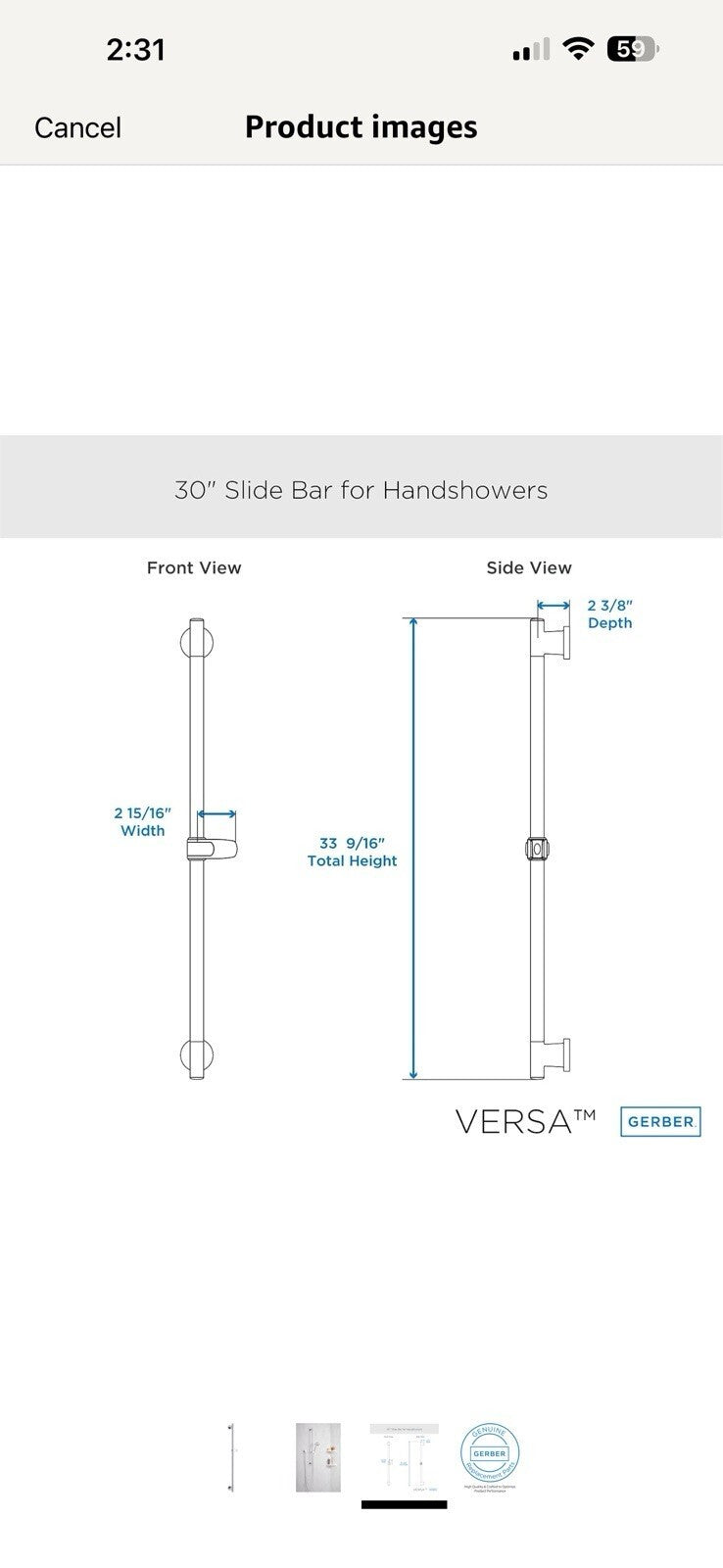 Gerber D469700 Versa 30" Slide Bar - Chrome Shower Handle Bar￼