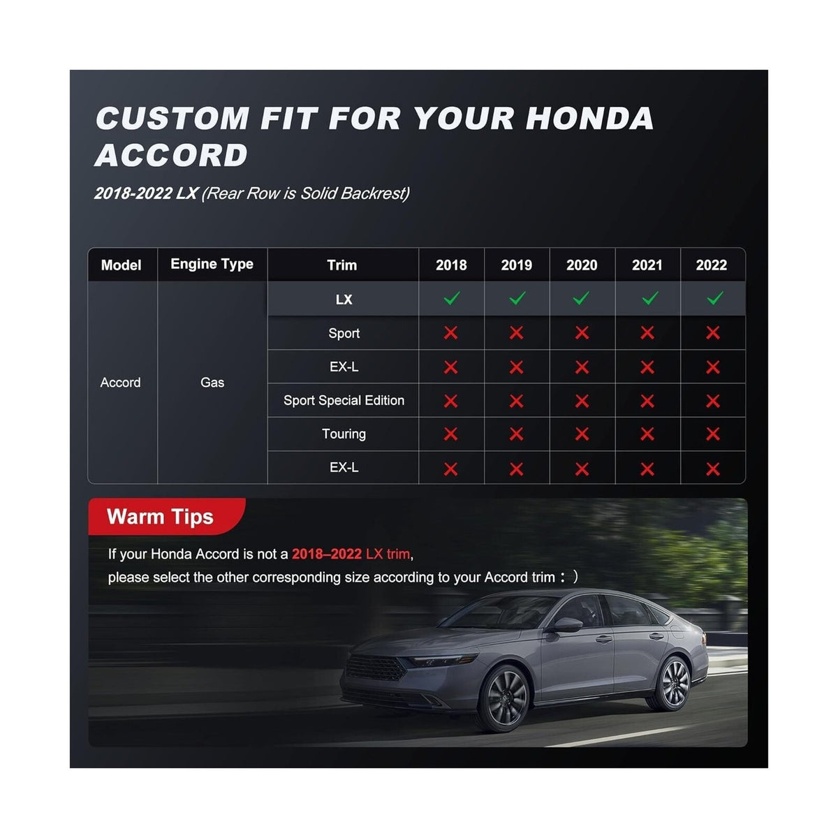 TTX LIGHTING Custom Fit Seat Covers for Honda Accord LX 2018-22