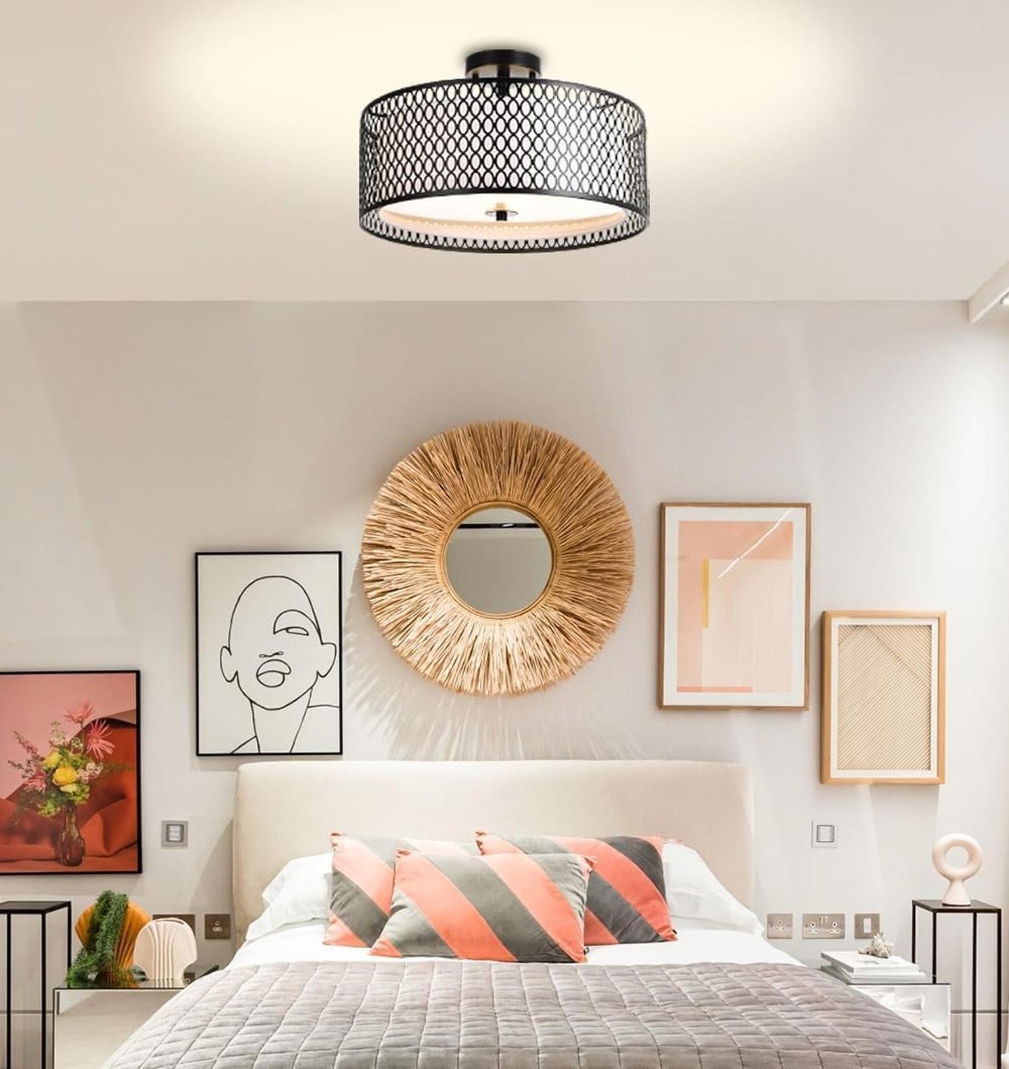 17" Semi Flush Mount Ceiling Light Fixture, Modern 3-Light E26 Double Drum Ceili