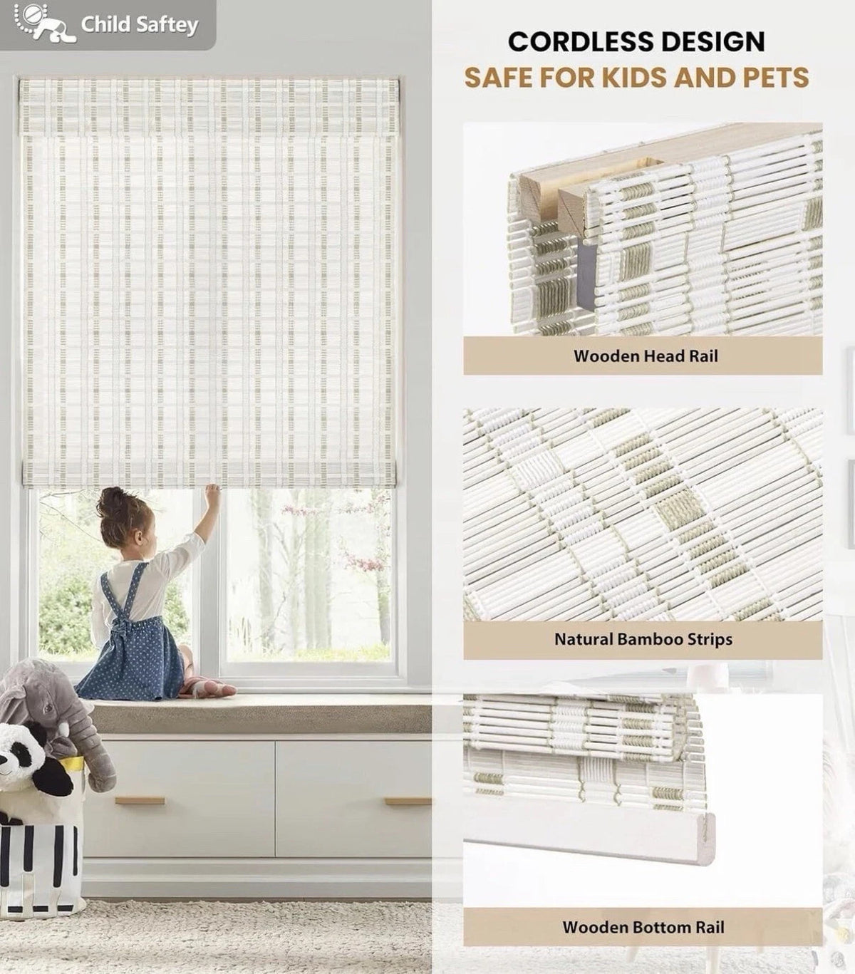 LazBlinds No Tools No Drill Cordless Bamboo Roman Shades White Wash 38”W 64”H