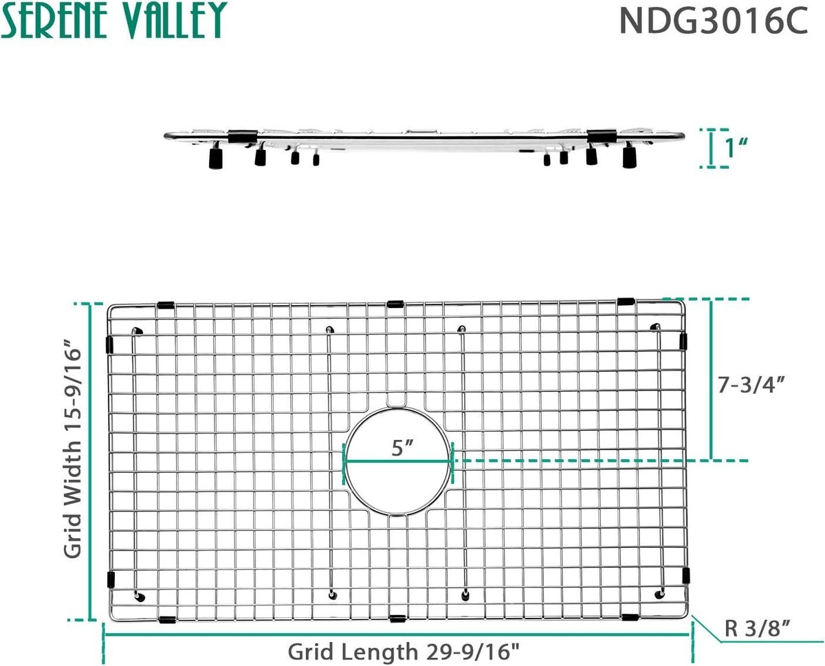 Serene Valley Sink Bottom Grid 29-1/2" X 15-9/16", Centered Drain Corner Radius