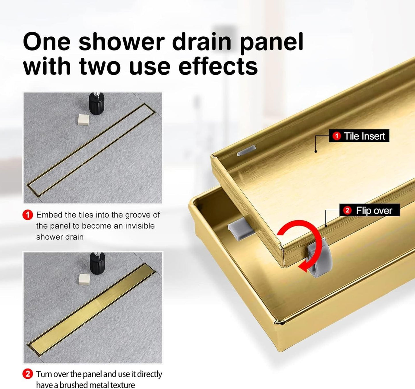 Gold Linear Shower Drain 40 inch with Invisible 2 in 1 Tile Insert Panel 304