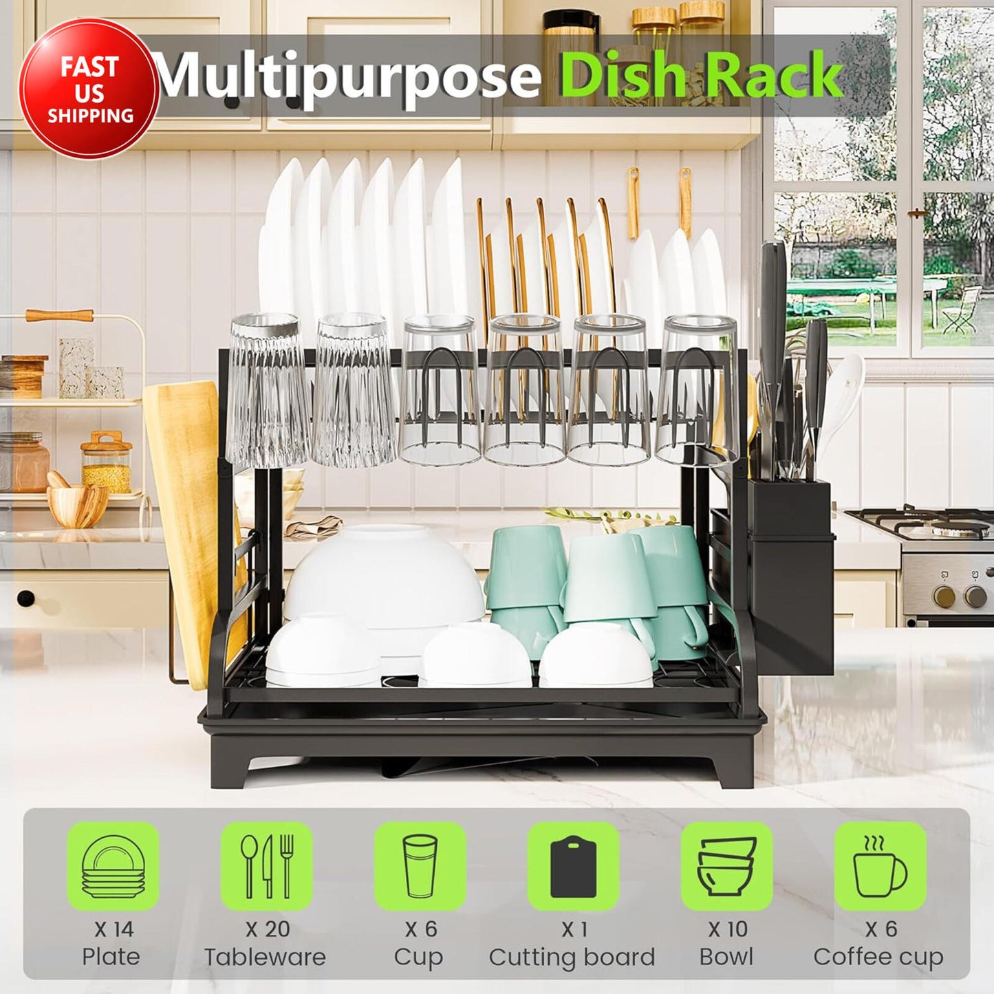 2-Tier Foldable Dish Drying Rack with Drainboard, Stainless Steel Large Capacity