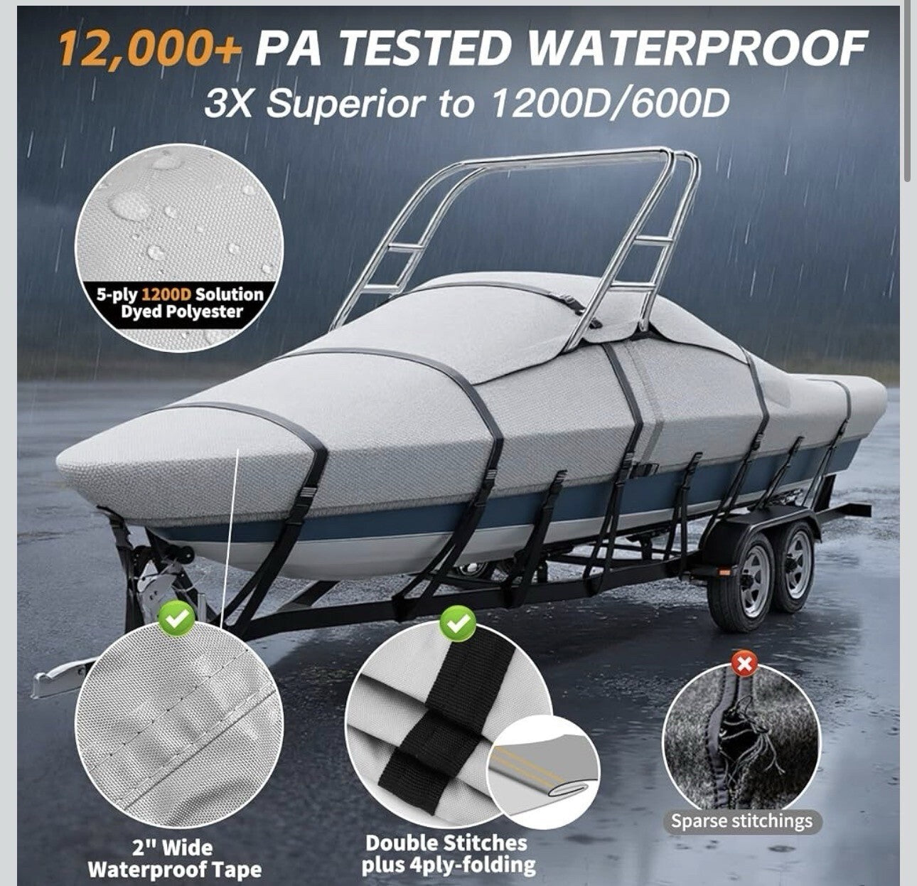 1200D Waterproof Ski Wakeboard Tower Boat Cover 20-22ft w/Straps ⭐