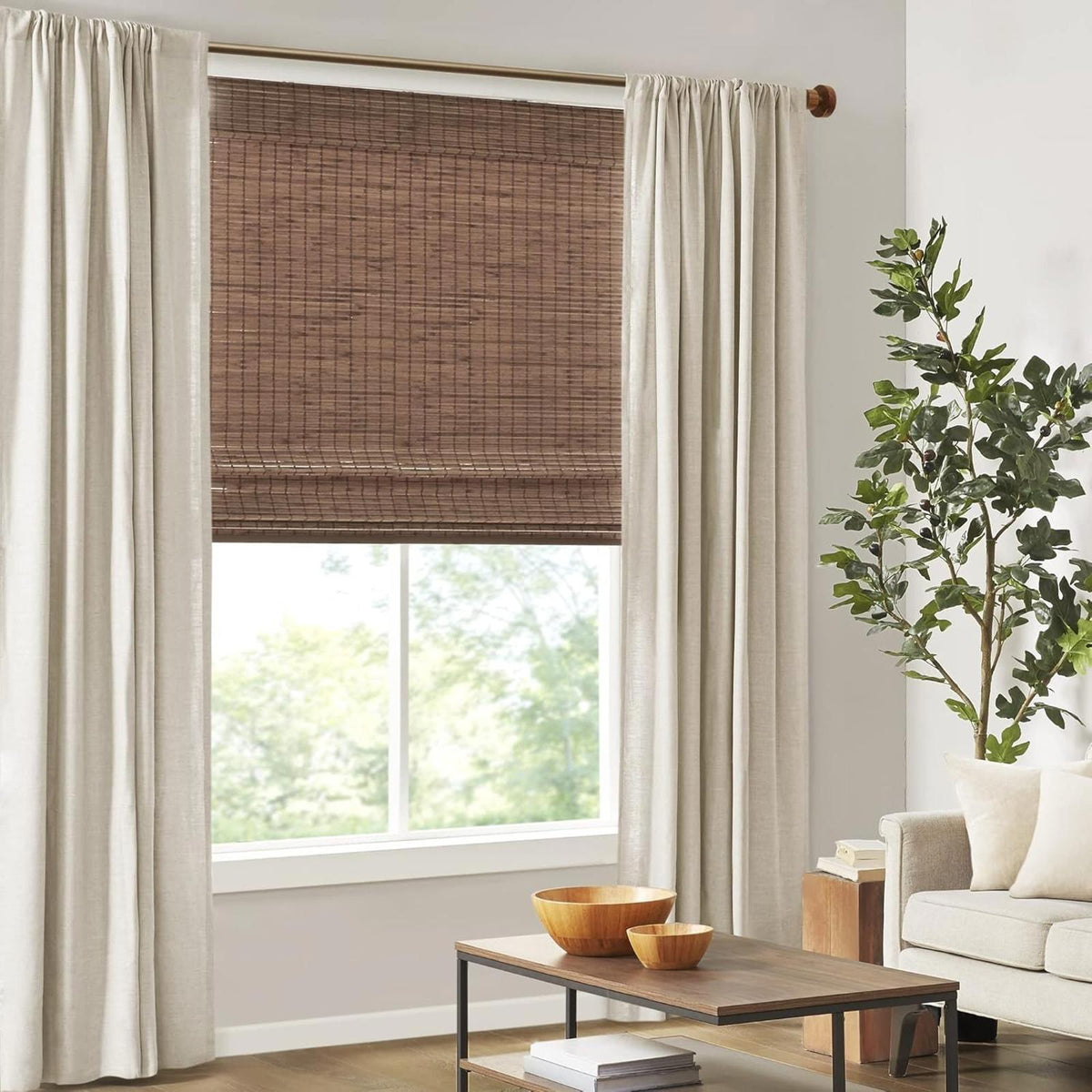 100% Bamboo Cordless Roman Shades-Woven Wooden Privacy Panel