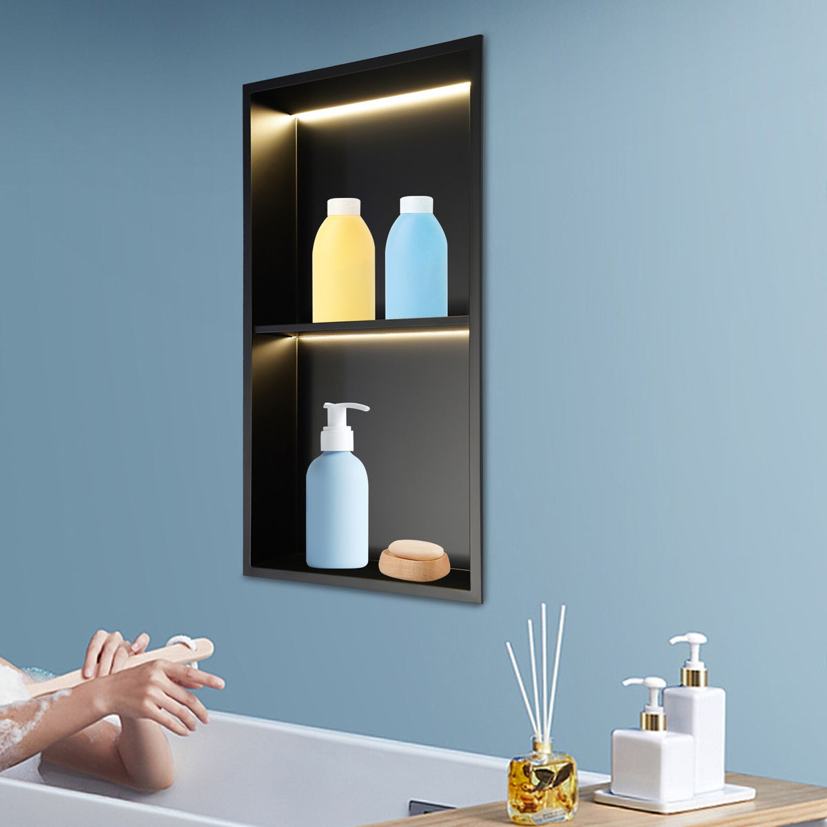 Stainless Steel Shower Niche  2-Tier Bathroom Wall Niche w/ LED Light 12x24in