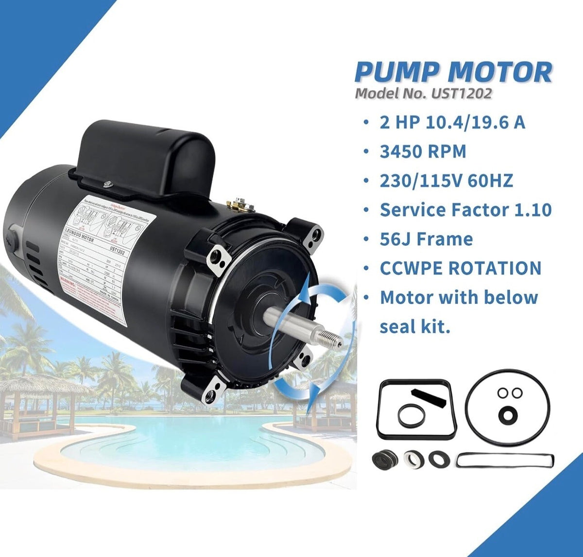 UST1202 2HP Replaces Century/AO Smith Swimming Pool Pump Motor for Hayward Super