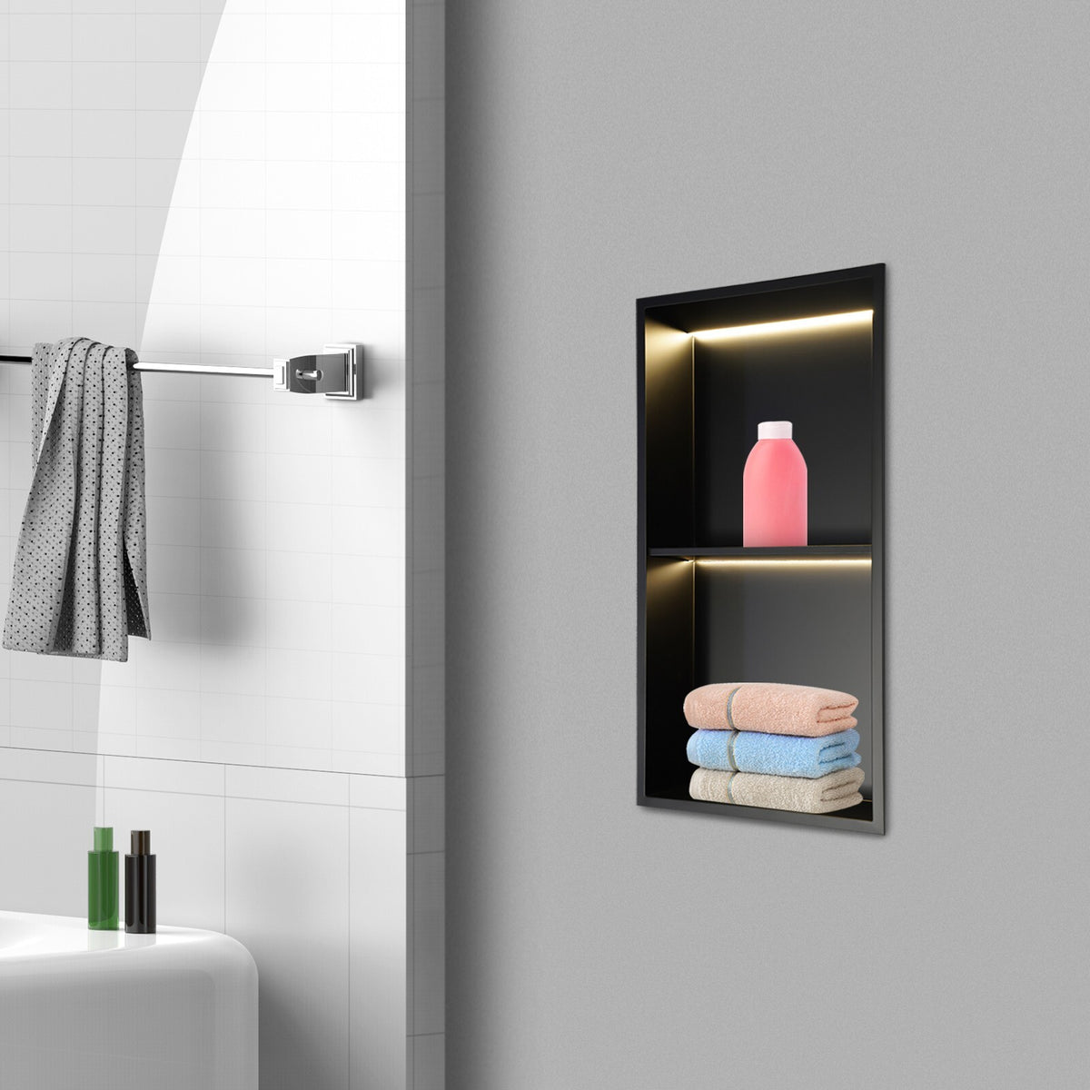Stainless Steel Shower Niche  2-Tier Bathroom Wall Niche w/ LED Light 12x24in