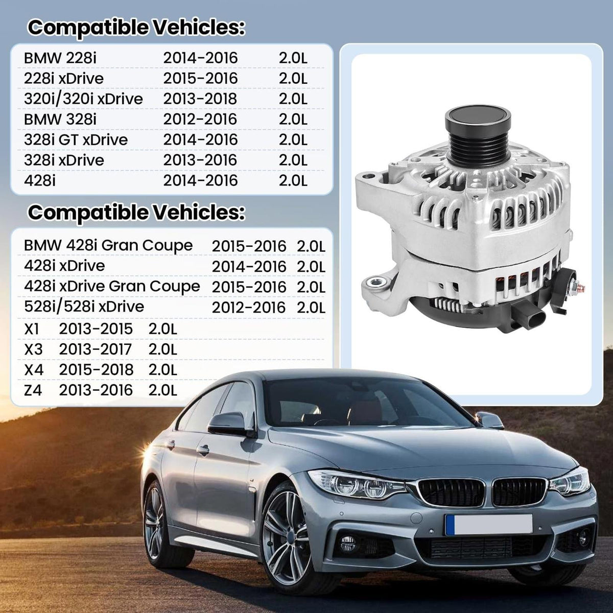Alternator for BMW 228i 320i 328i 428i 528i xDrive Z4 X1 X3 X4 2.0L 14-2016'