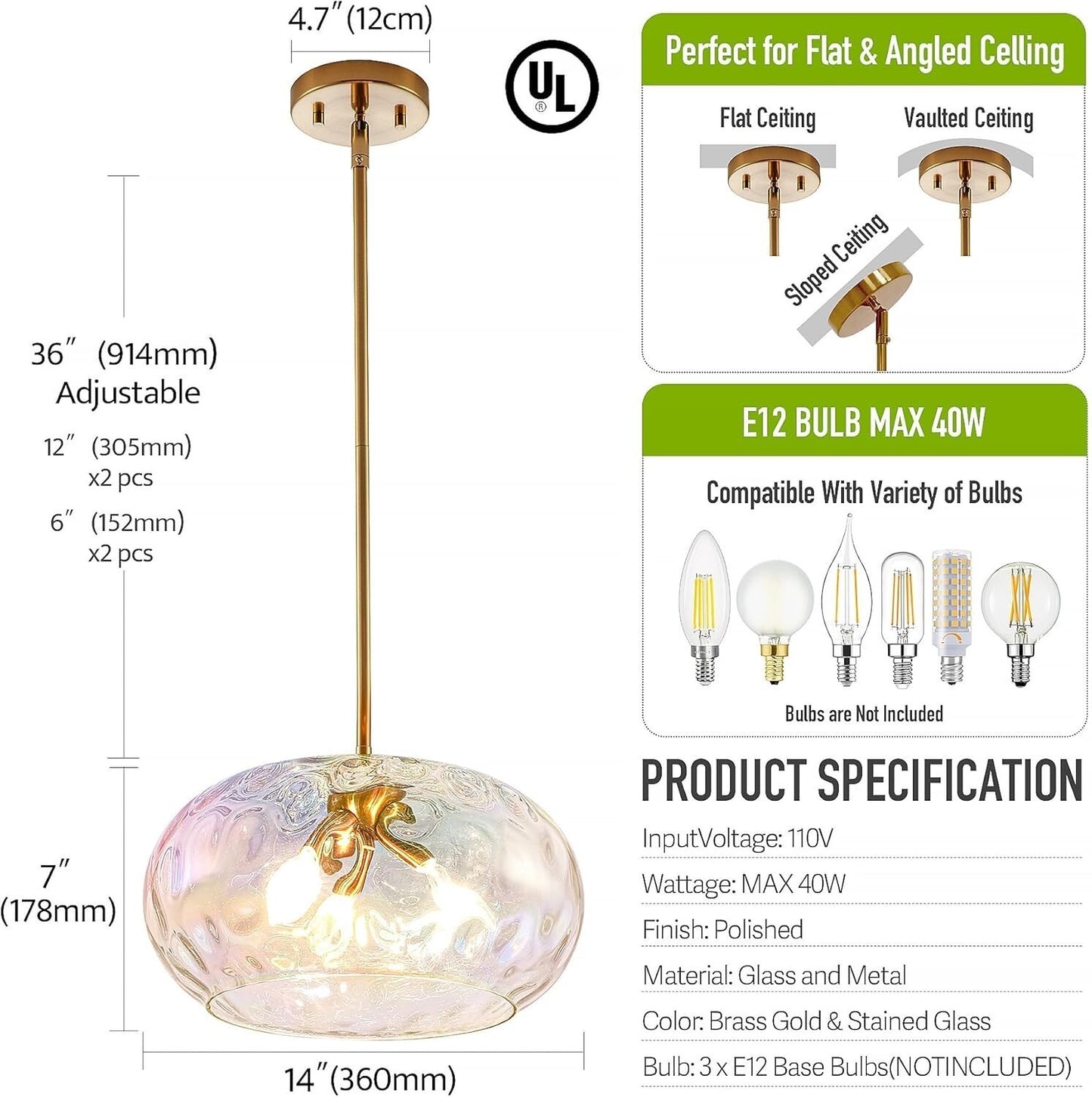 Large Glass Pendant Lighting, Hammered Lampshade Chandelier Stained, 14 Inch
