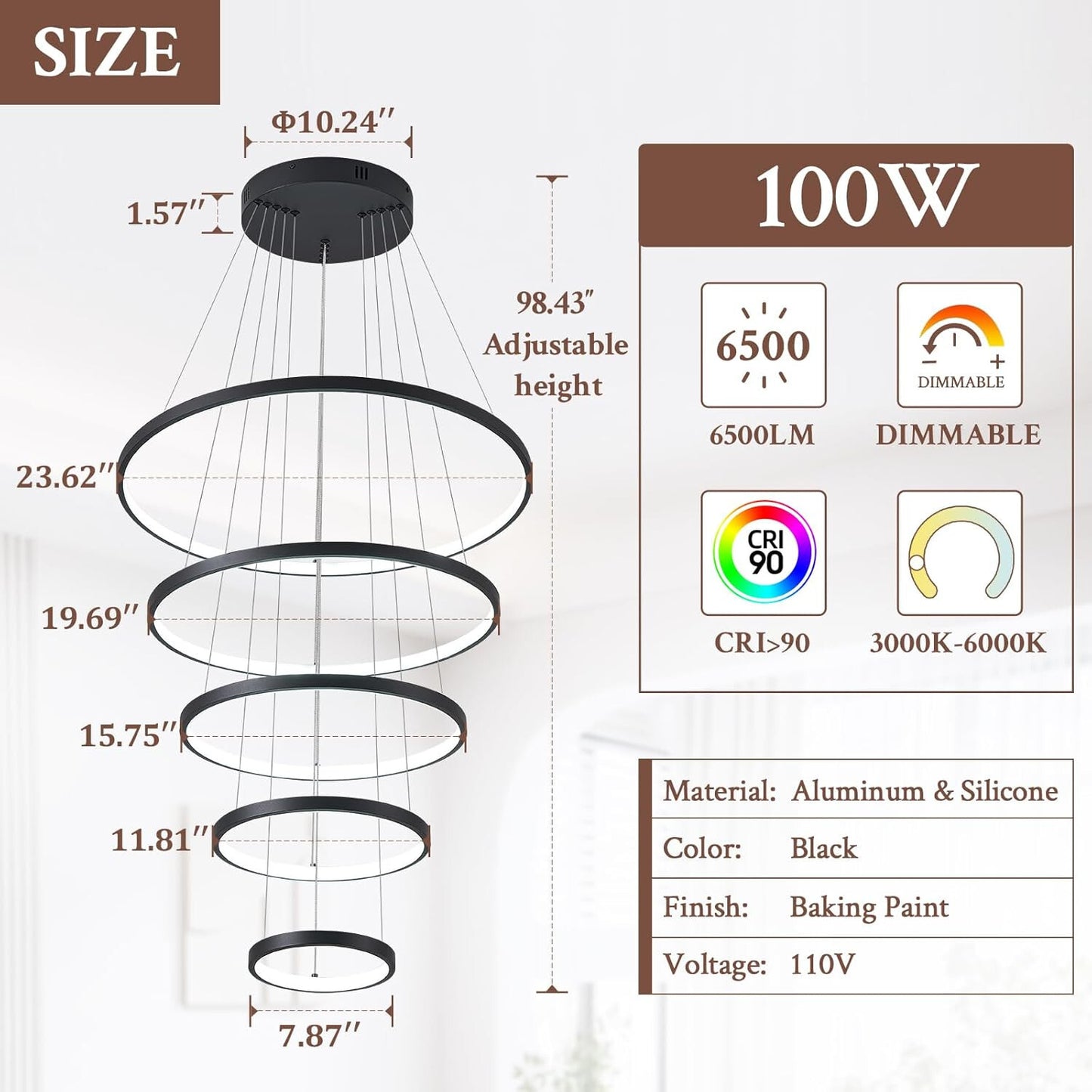 Dimmable 5 Ring LED Chandelier with Remote - Modern Pendant Lighting 3000K-6500K