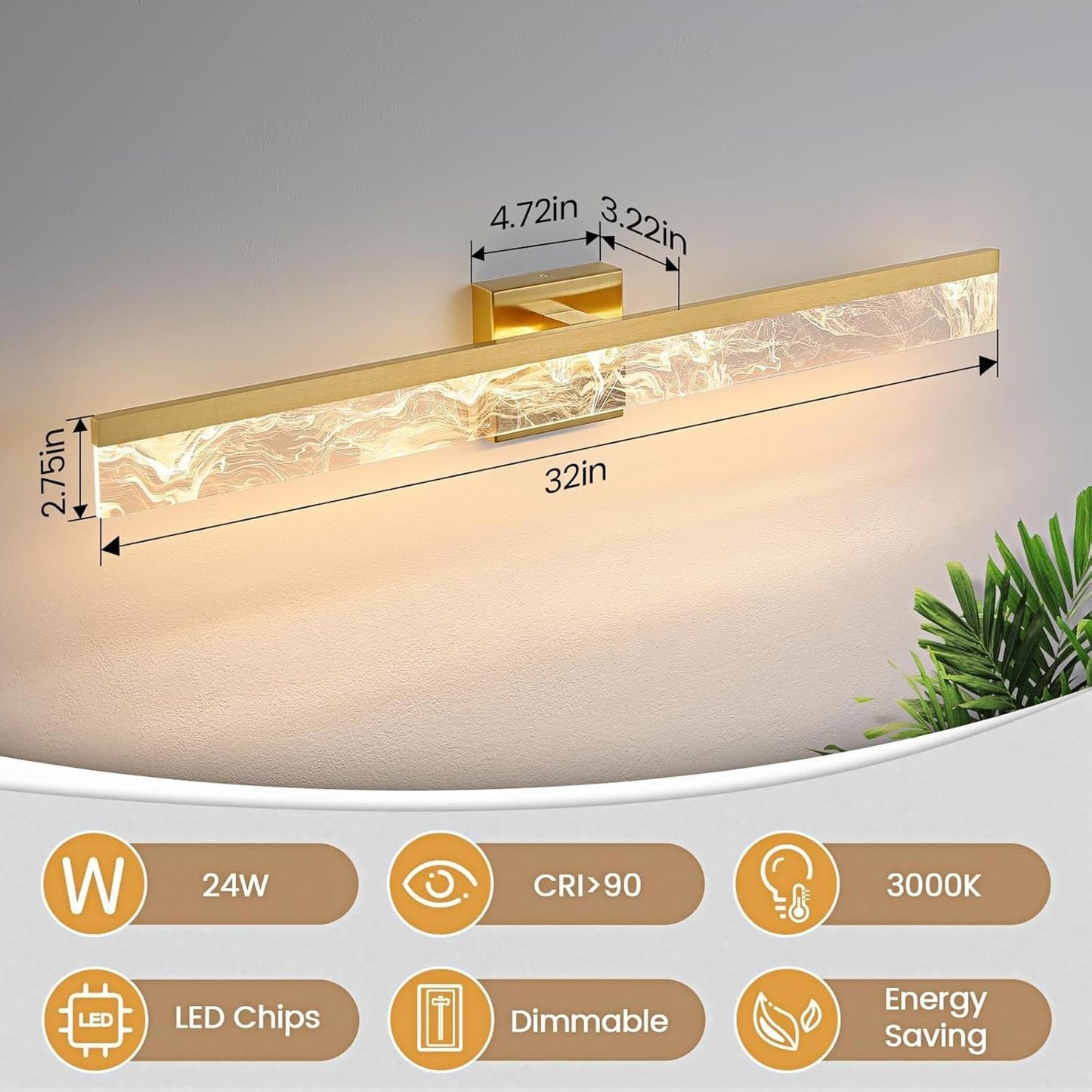 Gold Bathroom Light Fixtures, 32 Inch Modern Vanity Lights for Bathroom 24W