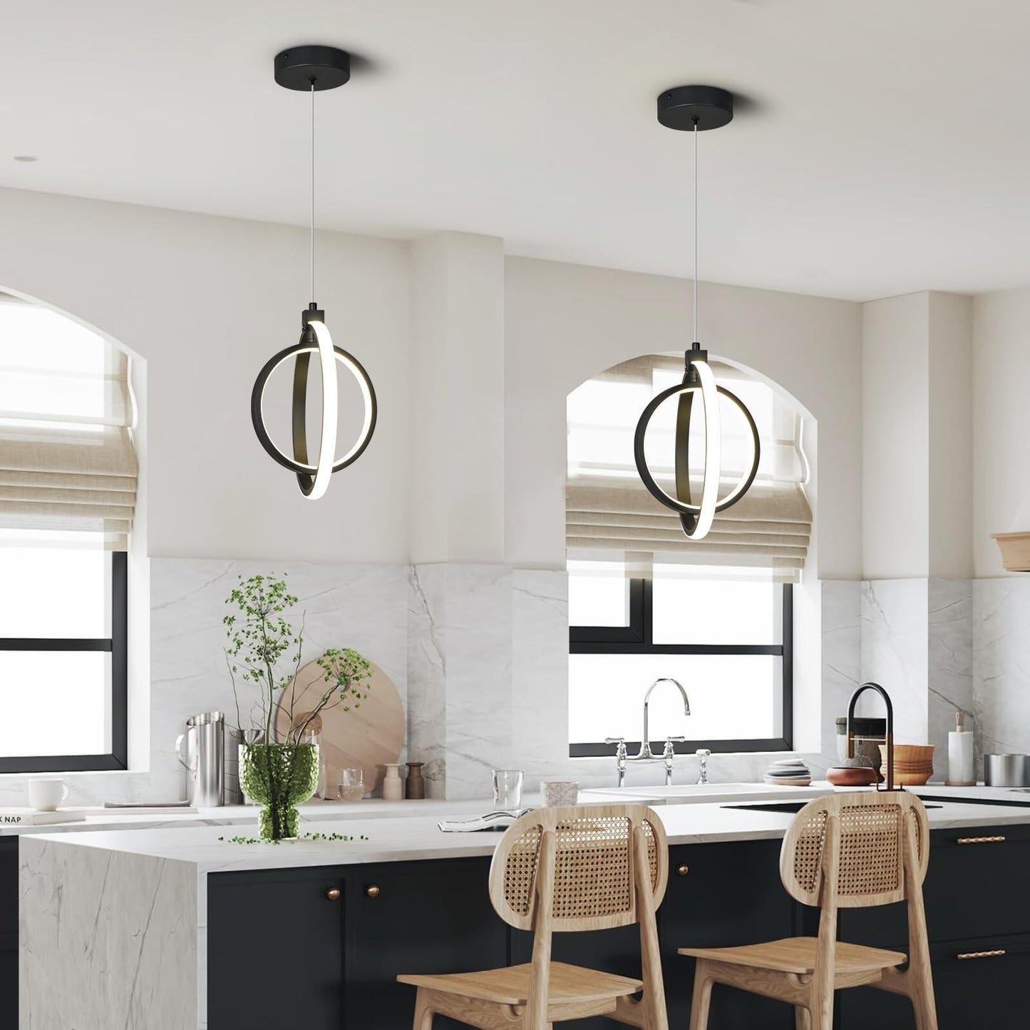 Modern LED Chandelier Black Ring Pendant Light Fixtures 4000K Dimmable Height...