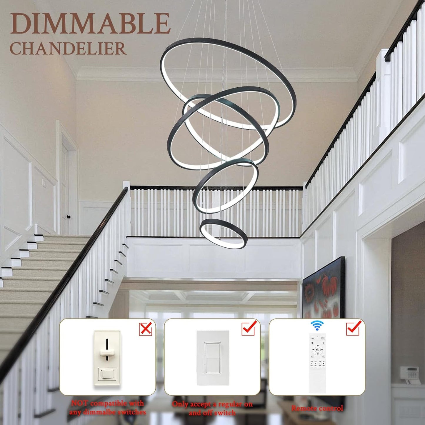 Dimmable 5 Ring LED Chandelier with Remote - Modern Pendant Lighting 3000K-6500K