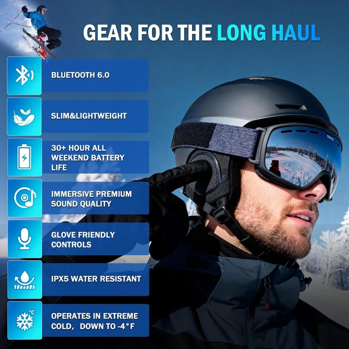 Wireless Bluetooth 6.0 Ski Helmet Speakers - 30H Playtime, IPX5 Waterproof
