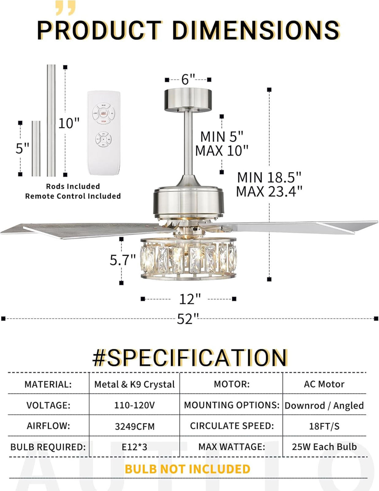 Modern 52" Ceiling Fan with Lights and Remote, Crystal Finish, 5 Blades