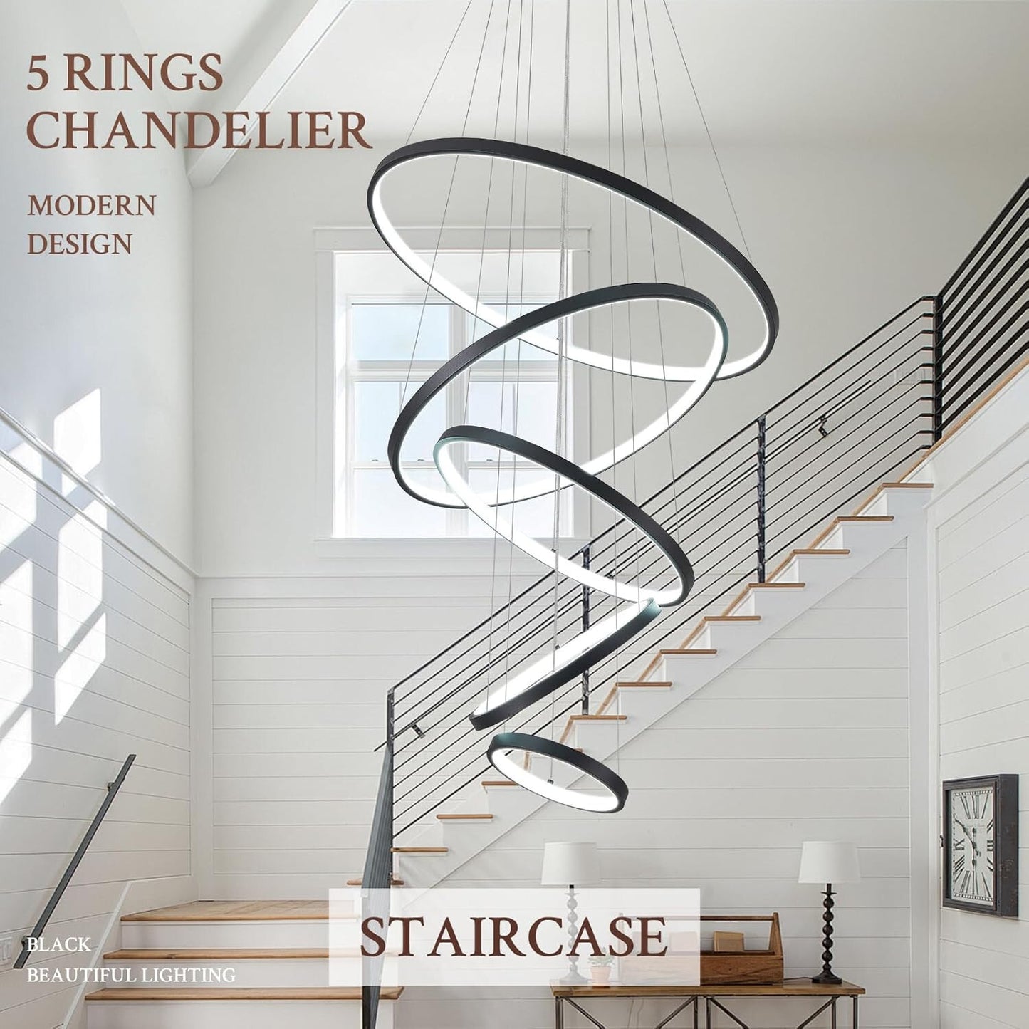 Dimmable 5 Ring LED Chandelier with Remote - Modern Pendant Lighting 3000K-6500K