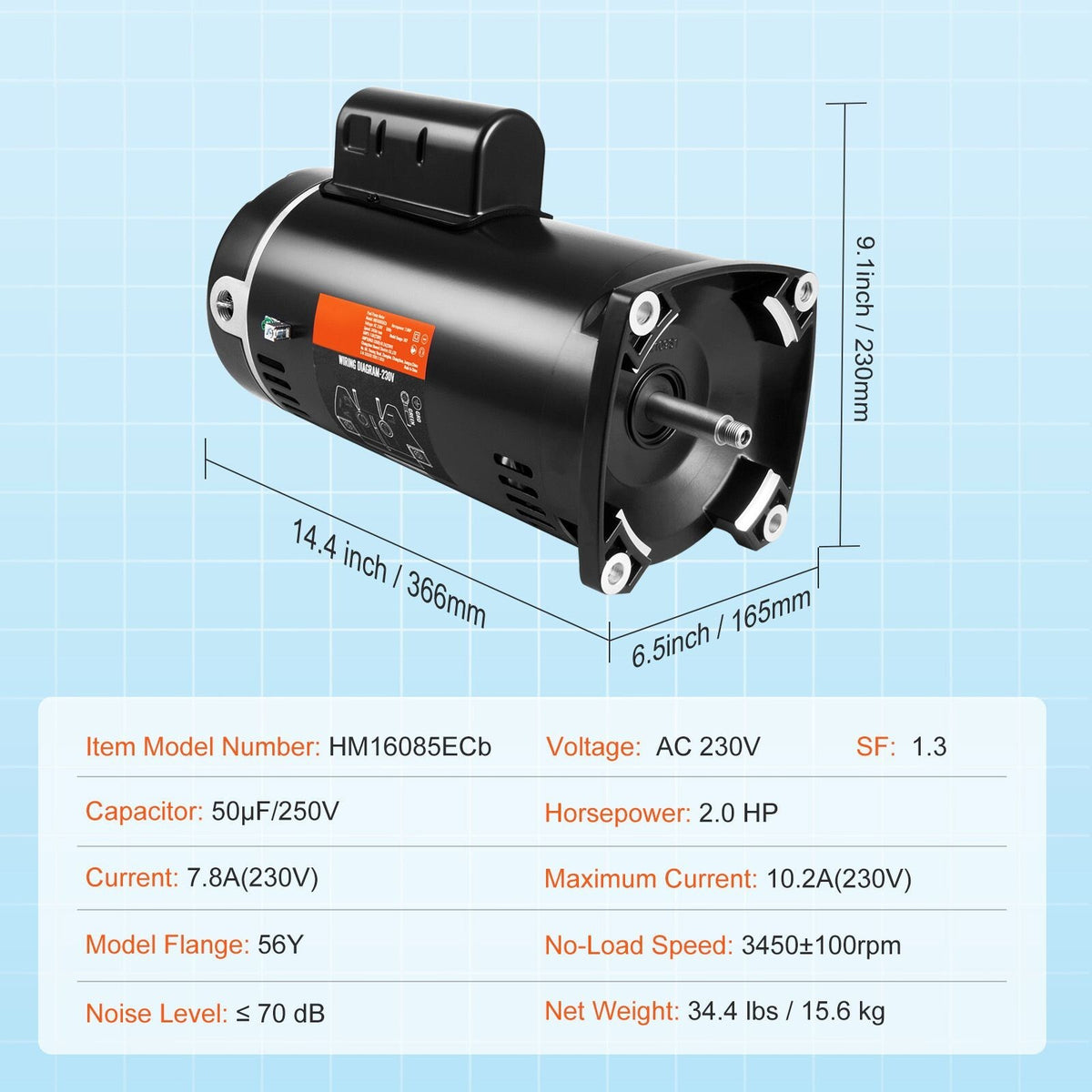 56Y Frame 2HP Pool Motor, 230V 3450 RPM Replacement 115/230V